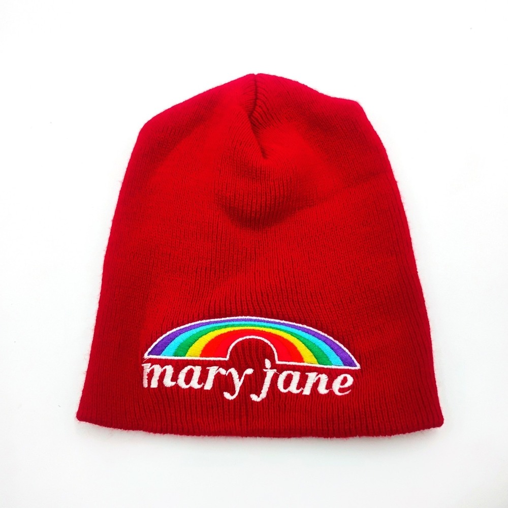 THC Clothing Mary Jane Red Embroidered Rainbow Beanie Knit Winter Hat VTG 90s